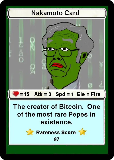 The Nakamoto Card, Rare Pepe Series 1, Card 1: a hand-drawn Pepe as Satoshi Nakamoto