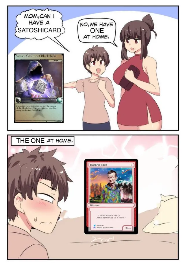 "We have one at home" meme: a boy asks for a "Satoshi Card," but the one at home is a Buterin Card he stares at, blushing