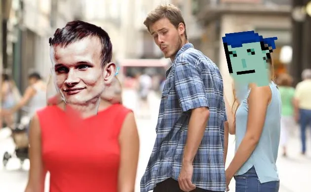 Distracted boyfriend meme: the man ogles a passerby with Vitalik Buterin's face swapped in, while his pixel-faced girlfriend holds his hand