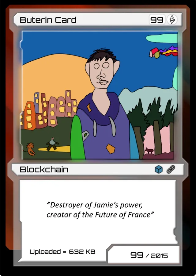 A hand-drawn Buterin Card, "Blockchain," captioned "Destroyer of Jamie's power, creator of the Future of France"