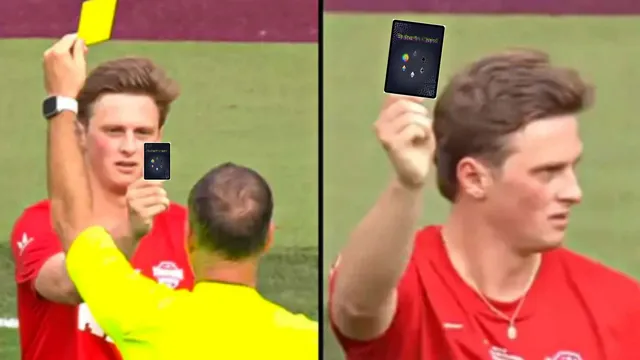 Two side-by-side photos of a soccer referee holding up a yellow card, with a Buterin Card digitally overlaid beside it