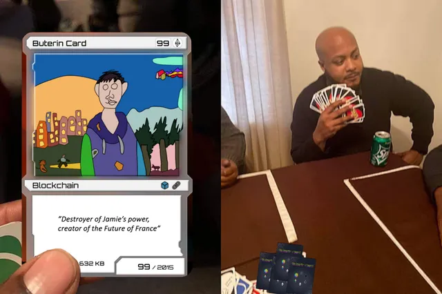 A hand holds up a Buterin Card while a man at a card table fans a poker hand, with more Buterin Cards laid out before him