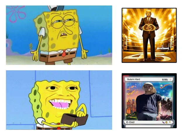 Spongebob's "unimpressed" pose paired with a Trump trading card, and his mocking money-rubbing pose paired with a Buterin Card