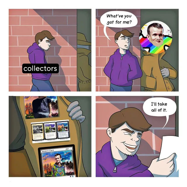 Back-alley dealer comic: a coat-clad seller offers Buterin Cards to a hooded buyer, who grins and says "I'll take all of it."