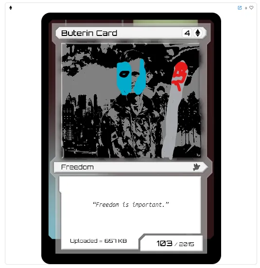 A Buterin Card, "Freedom," showing a monochrome cityscape figure wearing a cyan mask, captioned "Freedom is important."